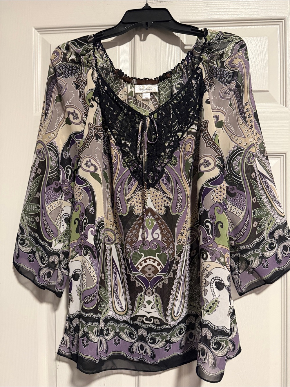 Dress Barn Paisley Peasant Top with Black Crochet Trim - Lavender and Green